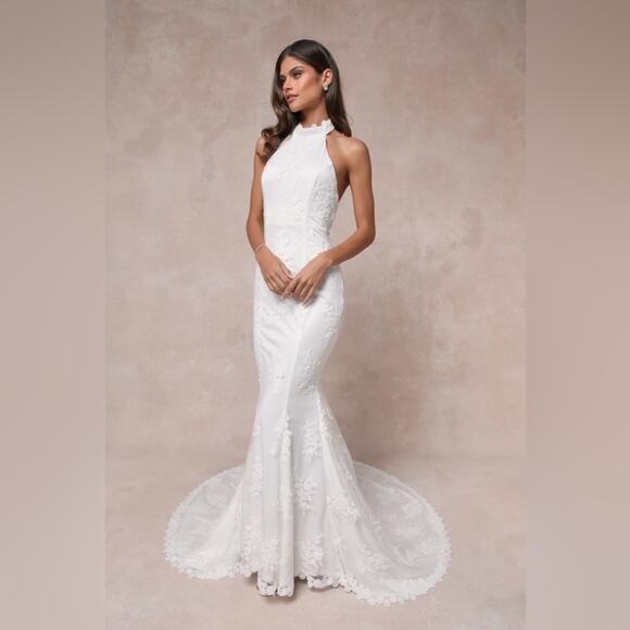 Lulus Dreamy Glamour White Embroidered Halter Mermaid Maxi Dress - Picture 5 of 8